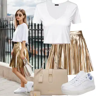 Outfit inspiracije 90-ich sa Bijela Ljetna tenisica/Tanka tenisica/Niska Tenisica/Kožna tenisica/Tenisica s platformom/Skate cipela "Ekstravagantna odjeća s zlatnim plisiranim suknjama i bijelom majicom"Look: klasický, Skater, Sportski, Steampunk, Hip Hop, Retro, Estetika, 90-ich