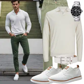 Lyocell Outfit mit Khaki/Beige/Weiß T-Shirt & Top/Strick Top/Langarm-Shirt/Poloshirt/Hemdoberteil/Rollkragenshirt Jack & Jones "Elegant Outfit"