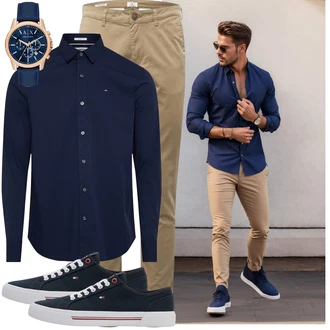 Smart Casual Outfit mit Dunkelblau Bluse Große Größe/Business Hemd/Hemdbluse/Casual Hemd/Businesshemd/Bluse und Tunika Tommy Jeans "Elegant Outfit"Look: Uni, Old Money, Elegant, Büro, Workwear, Edel, Maritim, Classic, Coole, Smart Casual