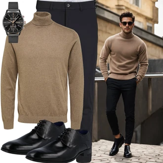 Outfit mit Braun/Khaki/Grau/Beige Rollkragenpullover/Wollpullover/Einfacher Pullover/Feinstrickpullover/Basic Pullover SELECTED HOMME "Elegant Outfit"