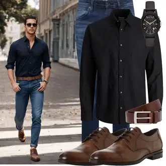 Outfit mit Dunkelblau/Blau/Hellblau Slim Fit Jeans/Leder Schuhe/Low Rise Jean/Straight Leg Jean/Winterjacke/Herren Lederjacke/Regular-Fit Jeans/Low Waist Jean/ThermoJeans/Sportschuhe/Lederjacke Jack & Jones "Elegant Outfit"