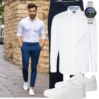 Taufe Outfit mit Weiß/Creme Bluse Große Größe/Business Hemd/Businesshemd/Bügelfreies Hemd Selected/SELECTED HOMME "Elegant Outfit"Look: Schule, Besondere Anlässe, Standesamt, Pop Konzert, Taufe, Konfirmation