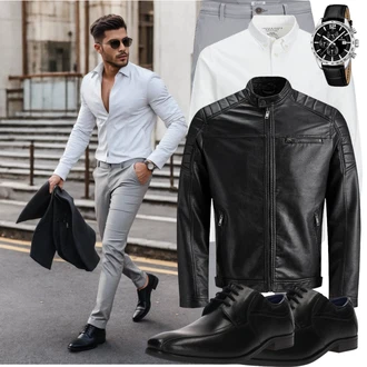 Große Größen Outfit mit Schwarz/Creme/Dunkelgrün Mantel/Lederjacke/Leder Bomberjacke/KunstLederjacke/Vintage Lederjacke/Bikerjacke/Motorradjacke Jack & Jones "Elegant Outfit"
