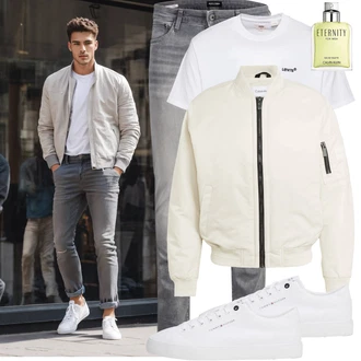 Outfit mit Grau/Hellgrau/Dunkelgrau Biker Jeans/Slim Fit Jeans/Lederjacke/Low Rise Jean/Leder Schuhe/Herren Lederjacke/Jeans mit Schlitz/Low Waist Jean/Winterjacke Jack & Jones "Elegant Outfit"