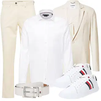 20er Jahre Outfit mit Beige/Weiß/Khaki Tommy Hilfiger "Elegant Outfit"Look: Schlichte, Edel, Vintage, Unisex, Smart Casual, Casual, Premium, Schick, Classic, Elegant, 20er Jahre