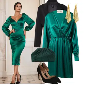 Outfit s Zelená/Tyrkysový/Tmavě zelená Zavinovací Šaty/Saténové šaty A Lot Less "Večerní outfit"