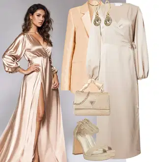 Outfit s Béžová/Hnědá/Khaki Dlouhé Saténové šaty/Občanské šaty/Zavinovací Šaty Vila "Večerní outfit"