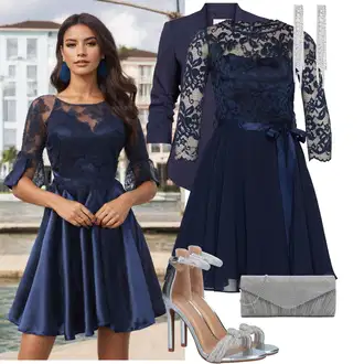 Matični ured Nevesta Outfit sa Tamnoplava Haljina za Krizmu/Čipkasta Haljina/Haljina s 3/4 Rukavom/Fit & Flare Haljina/Haljina za svatove do koljena/klizačka Haljina/Elegantna Haljina do Koljena/Haljina a Kroj/Party Haljina/Maturalna Haljina Swing "Večernji outfit"Look: Koktel Zabava, Posebne prigode, Koncer, Kazalište, Bal, Korporativna zabava, Tulum, 50. rođendan, 40. rođendan, Prije vjenčanja, 18. rođendan, Rođendan, 30. rođendan, Gala, Novogodišnja noć, Matični ured