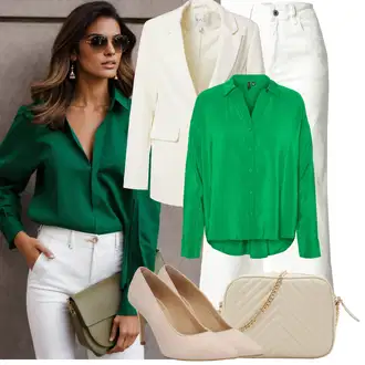 90tá léta Outfit s Zelená/Neonové barvy/Tyrkysový Jednobarevná Halenka/Crash blůza/Blůza s knoflíčkem/Halenka s Dlouhým Rukávem/Hedvábná Halenka/Kožená bunda pro muže/Slip-on Halenka/Oversize Halenka VERO MODA "Elegantní vzhled"Look: Klasické, Rad, Styl, Emo, 90tá léta, Irský, Italský, Kancelář, Nadrozměrné, Pracovní oděvy, Retro