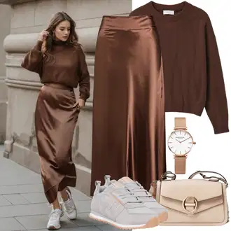 Outfit inspiracije "Elegantna odjeća s satenskim suknjama i džemperom"