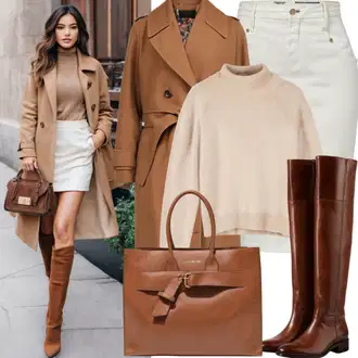 Outfit sa Smeđa/Tamnozelena/Siva/Kaki Trenč Kaput/Baloner/Umjetna Koža Kaput/Kožni Kaput Faina "Elegantna odjeća s visokim čarapama"