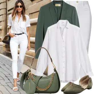 Atraktivní outfity Párty s Tmavě zelená Espadrilka/Plstěná Pantofle/Plochá bota/Špičatá Balerína/Pantofel Balerína/Balerína Teniska/Tradiční bota/Vintage balerína scalpers "Elegantní bílé oblečení s kalhotami"Look: Bar, Banka, Pohřeb, Karneval, Koncert, Biřmování, Večeře, Festival, Párty, Škola