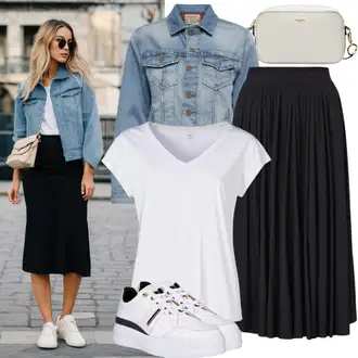 Oblečení se sukní Skating s Krémová/Oranžová/Bílá Úzká teniska/Nízká Teniska/Kožené tenisky Tommy Hilfiger "Elegantní Casual Outfit"Look: Skating, Surfing, Tenis, Na Procházku, Bruslení