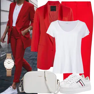 Outfity pro volný čas s Červená Krátké Sako/Blejzrové Bund/Dlouhý Sako/Elegantní Sako/Teplákový blejzr/Kožená bunda pro muže/Kožená Pánská Bund/Boyfriend Sako/Pletený Sako/Bavlněný Sako/Oversize Sako Boss, Tmavě červená/Červená/Růžová Bengaline Kalhoty/Kalhoty Bootcut/Business Kalhoty/Ležérní Kalhoty/Chinos/Obleková Kalhoty/Kalhoty s Vysokým Pasem/Žerzejová Kalhoty/Mušelínové kalhoty/Kalhoty se Štěrbinou/Rovná Kalhoty More & More "Elegantní kostým s kalhotami vzhled"