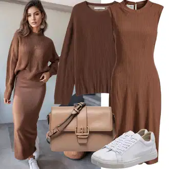 Elegantní Outfit s Černá/Tmavě zelená/Hnědá/Tmavě šedá/Šedá/Tmavě hnědá Žerzejové Šaty/Maxi Šaty/Dlouhé Šaty/Šaty Bez Rukávů/Dlouhé pletené šaty/Dlouhé Letní Šaty NÜMPH "Elegantní outfit s dlouhými šaty a svetrem"Look: 20 léta, 30 léta, Boho, Elegantní, Jazz, Mom, Old Money, Příliš oblečený, Univerzitní, Extravagantní, Slavnostní