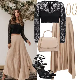Elegantní outfity Matriční úřad s Bílá/Béžová/Khaki Krátká Sukně/Manšestrová sukně/Pletená sukně/Vlněná Sukně/Sukně Pro Školní Uniformu/Sukně Pro Vysokou Školu/Sukně boucle/Moderní Sukně/Korejská Sukně/Krátká plisovaná sukně/90tá Léta Sukně/Unisex Sukně Mango "Elegantní outfit s krajkovými topy a plisovanými sukněmi"Look: Banka, Koncert, Škola, Matriční úřad