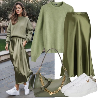 Outfit s Zelená/Tmavě zelená Midi Sukně/Rozhalená Sukně/Sukně do Délky Lýtka/Sukně Pro Svatebního Hosta/Italská Sukně/Moderní Sukně/Koktejlová Sukně/Slavnostní Maxi sukně/Vintage sukně maxi/Maxi sukně/Dlouhá Sukně Drykorn "Elegantní outfit s saténovými sukněmi a svetrem"