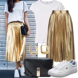 Oblečení se sukní Skating s Krémová/Oranžová/Bílá Úzká teniska/Nízká Teniska/Kožené tenisky Tommy Hilfiger "Elegantní outfit s zlatými plisovanými sukněmi a bílým tričkem"Look: Skating, Surfing, Tenis, Na Procházku, Bruslení