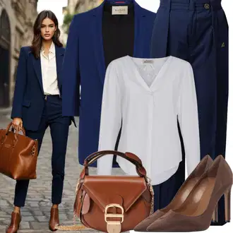 Outfit s Tmavě modrá Culotte Kalhoty/3/4 Kalhoty/Mušelínové kalhoty/Business Kalhoty/Obleková Kalhoty/Široká Kalhoty/Marlene Kalhoty Monari "Elegantní profesionální podnikový vzhled"