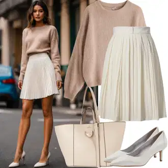 Skirt outfits Tenis Poletje mit Krem/Bela/Rdeča/Rjava/Bež Pletene velika velikost/Pulover Fransa, Bež/Khaki/Rjava/Bela Kratka plisirana krila/Študentsko Krilo/Moderno krilo/Krilo A-linije Trendyol "Estetska obleka s plisirano krilo in pulover"Look: Kriket, Hokej, Ragbi, Tenis, Badminton, Golf