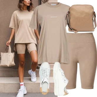 Outfit s Hnědá/Khaki/Béžová Šortky/Cyklistický šortky/Mušelínové Šortky/Vysoký pas kraťasy The North Face "Extravagantní outfit s oversized tričky a cyklistickými kalhotami"