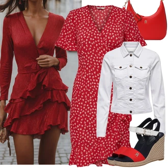 Outfit s Červená Sandál na klínku/Letní Bota/Bota Na Klínku/Espadrilka s klínovým podpatkem/Espadrille sandál Tommy Hilfiger "Jarní outfit"