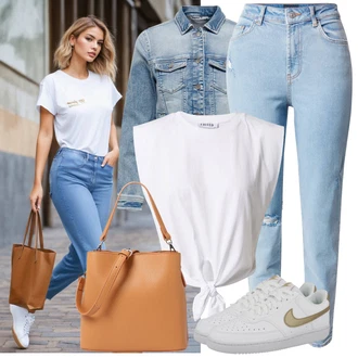 Outfit sa Bijela/Plava/Krem/Zlatni Kožna Tenisica/Niska Tenisica/Skate cipela/Tanka Tenisica/Vintage Tenisica Nike Sportswear "Opušteni izgled"