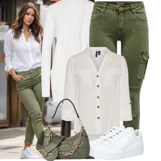 Zapínání na knoflíky Outfit s Šedá/Khaki/Bílá/Hnědá/Béžová/Světle zelená Tunikové Tričko/Halenka S 3/4 Rukávem/Blůza s nášivkou na lokti/Oversize Muselínová Blůza/Kožená bunda/Blůza s knoflíčkem Vero Moda Tall "Lehký outfit"