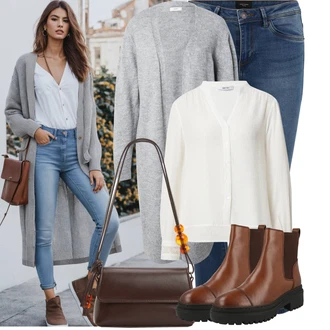 Outfit s Bílá/Krémová Mušelínová Halenka/Blůza s knoflíčkem/Halenka se Stojatým Límcem/Lněná Halenka/Kožená bunda About You "Vzhledy pro volný čas"