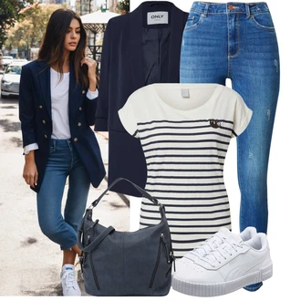 Outfit sa Plava Kožna Jakna/Ženske Traperice 7/8 Dužine/Čizma do Gležnja/Skraćene Traperice/High Waist Traperice/Traperice s Prorezom/Traperice s Rupom/Push-up Traperice/Slip-on Traperice/Kožne Cipele/Muška Kožna Jakna/Zimska jakna VERO MODA "Božićni outfit"