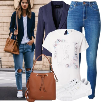 Outfit sa Plava Kožna Jakna/Ženske Traperice 7/8 Dužine/Čizma do Gležnja/Skraćene Traperice/High Waist Traperice/Traperice s Prorezom/Traperice s Rupom/Push-up Traperice/Slip-on Traperice/Kožne Cipele/Muška Kožna Jakna/Zimska jakna VERO MODA "Praktičan look"