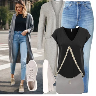 Dlouhé Outfit s Béžová/Hnědá/Šedá/Světle šedá Teniska na platformě/Kožené Tenisky/Úzká Teniska/Šněrovací bota/Nízká Teniska Tommy Hilfiger "Jarní outfit"