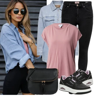 Outfit s Tmavě modrá/Růžová/Černá/Fialová Úzká teniska/Vintage teniska/Skate Bota/Nízká Teniska/Kožené tenisky/Teniska na platformě Skechers "Ležérní Outfity"