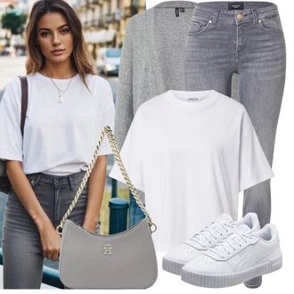 Hip Hop Outfit sa Siva/Bijela Predimenzionirana majica/Skraćena Majica Edited "Kežual Odjeća"Look: Hip Hop, Prevelik, Unisex