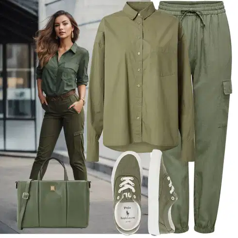 Kombinace Zelená/Tmavě zelená/Khaki Jednobarevná Halenka/Blůza s nášivkou na lokti/Blůza s knoflíčkem/Halenka se Stojatým Límcem/Halenka s Dlouhým Rukávem/Oversize Halenka ABOUT YOU x INNA kombinovat s Khaki/Tmavě zelená/Zelená Cargo Kalhoty/Lněné Kalhoty/Cargo Tepláky Only