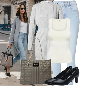 Výstřih na ramena Outfit s Šedá/Světle šedá Pletenina veľkej veľkosti/Kabát/Šaty Móda Pro Plnoštíhlou/Tunika Vila "Jarní outfit"
