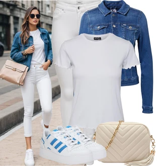 90tá léta Outfit s Modrá/Světle modrá/Tmavě modrá Vintage Bund/Krátké Džínové Bundičky/Džínové Bund Tommy Jeans "Jarní outfit"Look: 90tá léta, Cool, Námořní, Mom, Krásný, Univerzitní, Western, Pracovní oděvy, Retro