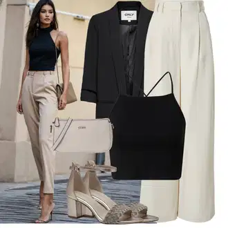 20 léta Outfit s Khaki/Hnědá/Béžová Palazzo Kalhoty/Kalhoty se Štěrbinou/Plisovaná Kalhoty/Plisovaná Kalhoty/Široká Kalhoty/Marlene Kalhoty/Obleková Kalhoty/Mušelínové Kalhoty guido maria kretschmer women "Obchodní Outfit"Look: Rad, Emo, 20 léta, Business, Elegantní, Kancelář, Old Money, Univerzitní