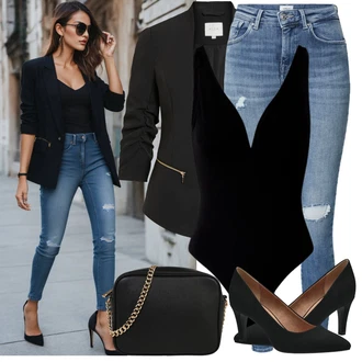 Outfit s Černá Kožená Pánská Bund/Smokingové sako/Elegantní Sako/Krátké Sako/Neformální Sako/Blůzové Sako/Boyfriend Sako/Kožená bunda pro muže/Blejzrové Bund Vila "Stylový look na jaro"