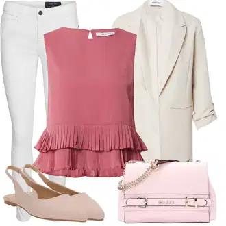 Babydoll Outfit s Růžová/Fialová Halenka a Tunika Tunika About You "Jarní outfit"Look: Styl, Babydoll, Cool, Italský, Krásný, Romantický, Univerzitní