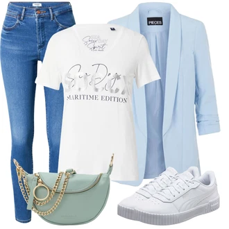 Outfit s Modrá/Světle modrá Kožená bunda/Džíny s Rozparkem/Slim Fit Džíny/Zimní bunda/Kožené Boty/Zkrácené Džíny/Push up Džín/Kotníková Bota/High Waist Džínové Kalhoty Wrangler "Jarní outfit"