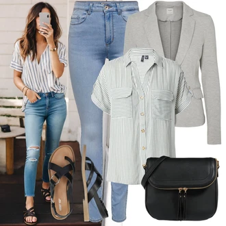 Pruhovaný Outfit s Světle šedá/Světle zelená/Šedá Halenka Móda Pro Plnoštíhlou/Halenka a Tunika VERO MODA "Jarní outfit"