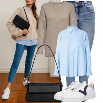 Outfit sa Krem/Tamnoplava/Ljubičasta/Plava/Bijela Kožna Tenisica/Niska Tenisica/Tanka Tenisica/Vintage Tenisica Victoria "Proljetni outfit"
