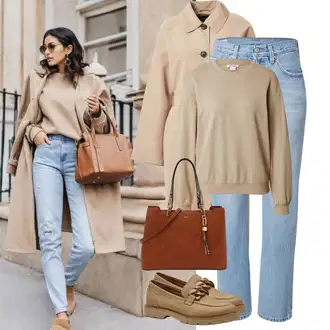 Outfit s Béžová/Khaki/Hnědá Fleecová Mikina/Kožená bunda/Sportovní mikina monki "Stylový look na jaro"