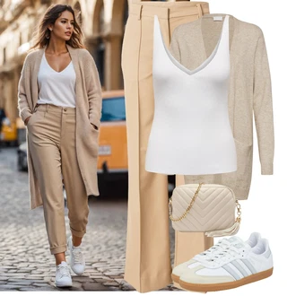 Vintage outfity 70tá léta s Béžová/Hnědá/Khaki Rozšířená Kalhoty/Business Kalhoty/Obleková Kalhoty/Kalhoty se Štěrbinou/Kalhoty Bootcut/Zvonová Kalhoty/Kalhoty s nášivkou uprostřed/Marlene Kalhoty weekday "Stylový look na jaro"Look: Emo, Business, Kancelář, Venkovní, 70tá léta