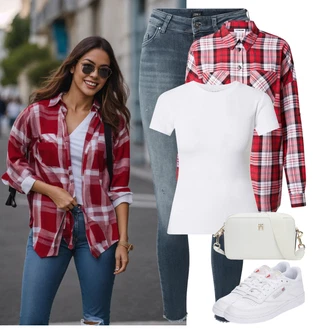 Zakopčaj dolje Outfit sa Tamnocrvena/Crvena Majica/Karirana Bluza/Bluza od Flanela Noisy may "Outfit za proljeće"