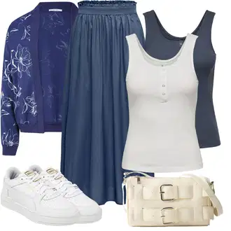 Outfit s Šedá/Tmavě modrá/Modrá Sukně Pro Matriku/Dlouhá Sukně/Sukně do Délky Lýtka/Sukně Pro Svatebního Hosta/Elastická Sukně/Maxi sukně/Vintage sukně maxi Only "Jarní outfit"
