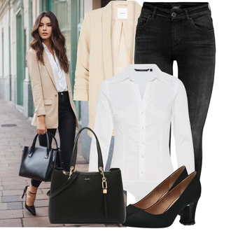 Outfit s Černá/Tmavě šedá/Šedá/Světle šedá/Khaki Kožená bunda/High Waist Džínové Kalhoty/Motorkářské Džíny/Termální Džíny/Push up Džín/Kožené Boty/Zimní bunda/Džíny s Rozparkem Only "Stylový look na jaro"