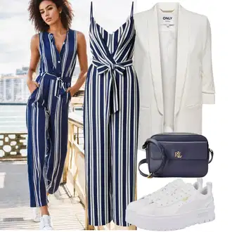 Outfit s Tmavě modrá/Modrá Letní overall/Elegantní overal/Overal se širokými nohavicemi/Overal s půlkulatým výstřihem Polo Ralph Lauren "Stylový look na jaro"