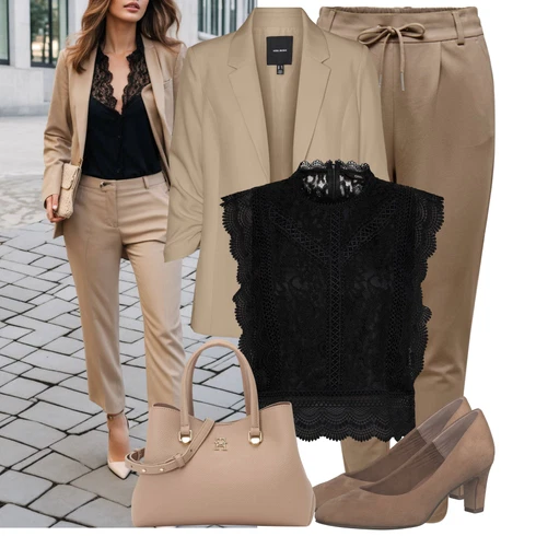 Kombinace Hnědá/Khaki/Béžová Kalhoty s Vysokým Pasem/Kalhoty z Umělé Kůže/Paperbag Kalhoty/Boyfriend Kalhoty/Ležérní Kalhoty/Jogger Kalhoty/Mušelínové Kalhoty/Kalhoty s nášivkou uprostřed/Mrkvová Kalhoty Only kombinovat s Černá/Hnědá Krajkový Top/Krajkované tričko/Krajkový Top/Halenka Bez Rukávů Only